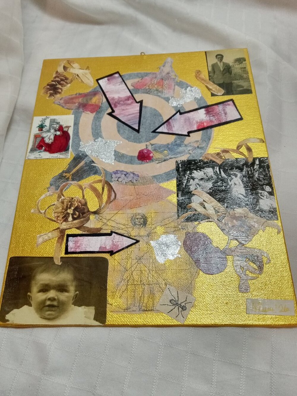 Prints of old magazines on canvas, gold paint, and mixed-media collages